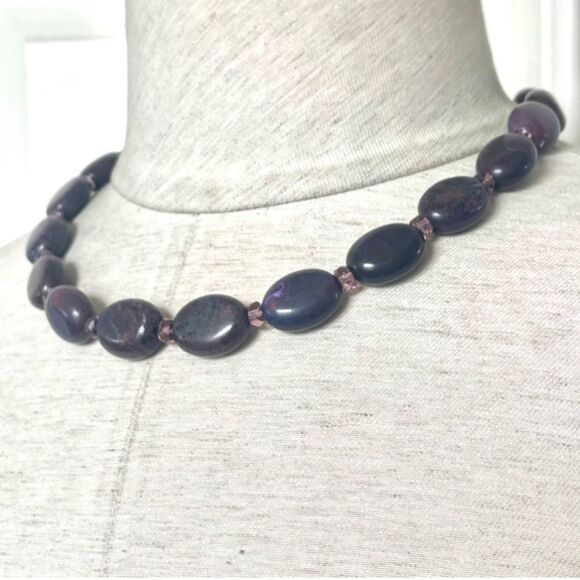 Aubergine Jade and Czech glass antique silver plate necklace and earrings set - Picture 2 of 14